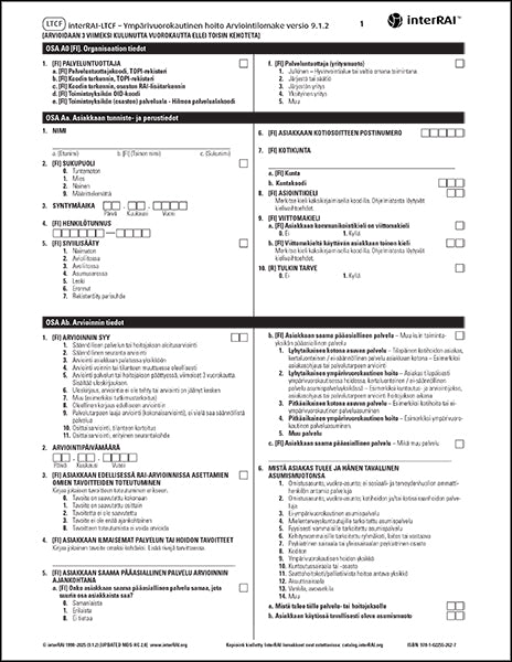 Ympärivuorokautisen hoidon RAI (interRAI-LTCF) arviointilomake, interRAI-versio 9.1.2, suomenkielinen painos - License to Print