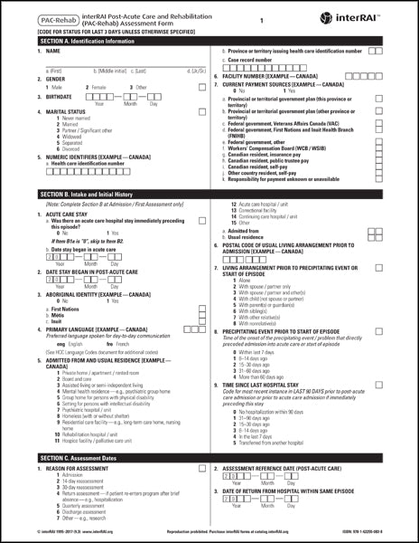 interRAI Post-Acute Care and Rehabilitation (PAC-Rehab) Assessment Form, (Standard English Edition), 9.3.0 - License to Print