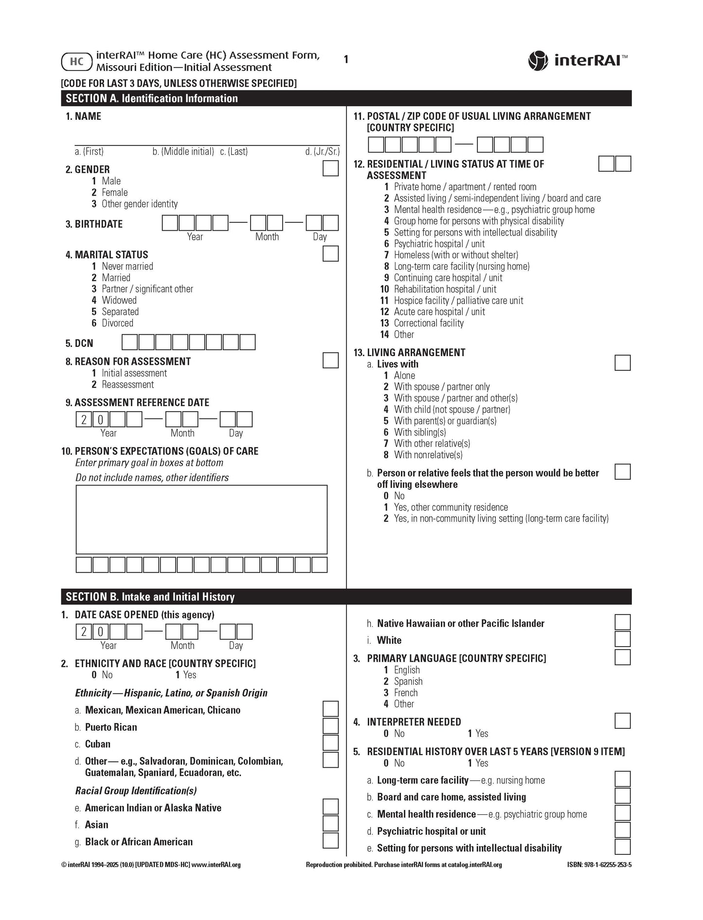 interRAI Home Care (HC) Assessment Form 10.0, Missouri Edition - Initial Assessment