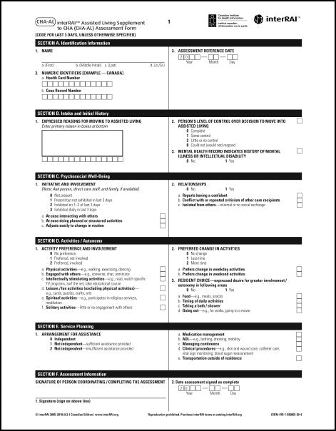 interRAI Assisted Living Supplement to CHA (CHA-AL) Assessment Form, Canadian English Edition, 9.2.1 - License to Print