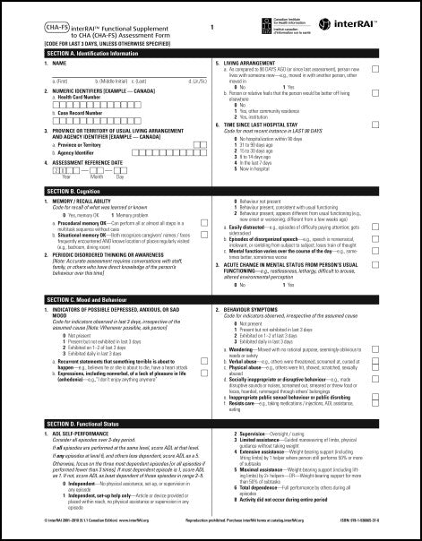 interRAI Functional Supplements to CHA (CHA-FS), Canadian English Editions, 9.1.1 and 9.1.4 - License to Print