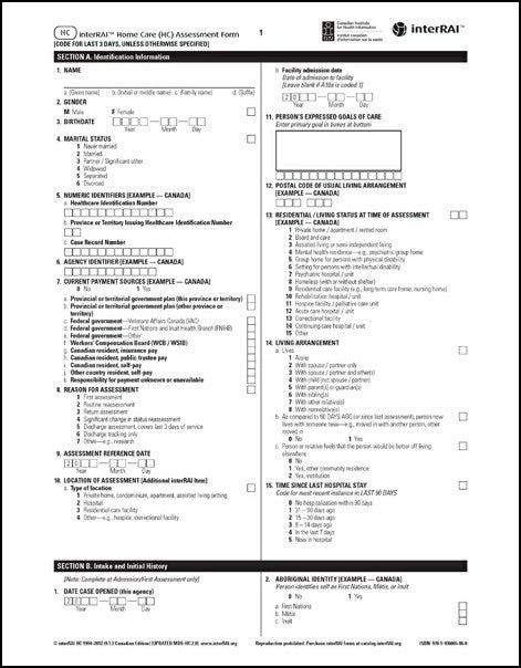 interRAI Home Care (HC) Assessment Forms, Canadian English Edition, 9.1.2 and 9.1.3 – License to Print