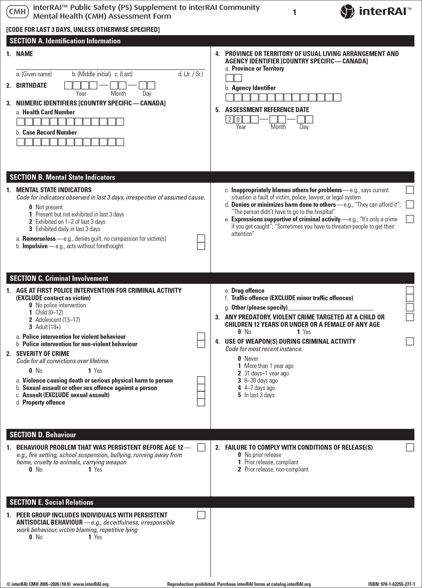 interRAI Public Safety (PS) Supplement to the interRAI Community Mental Health (CMH) Assessment Form, Version 10.0, Standard Edition