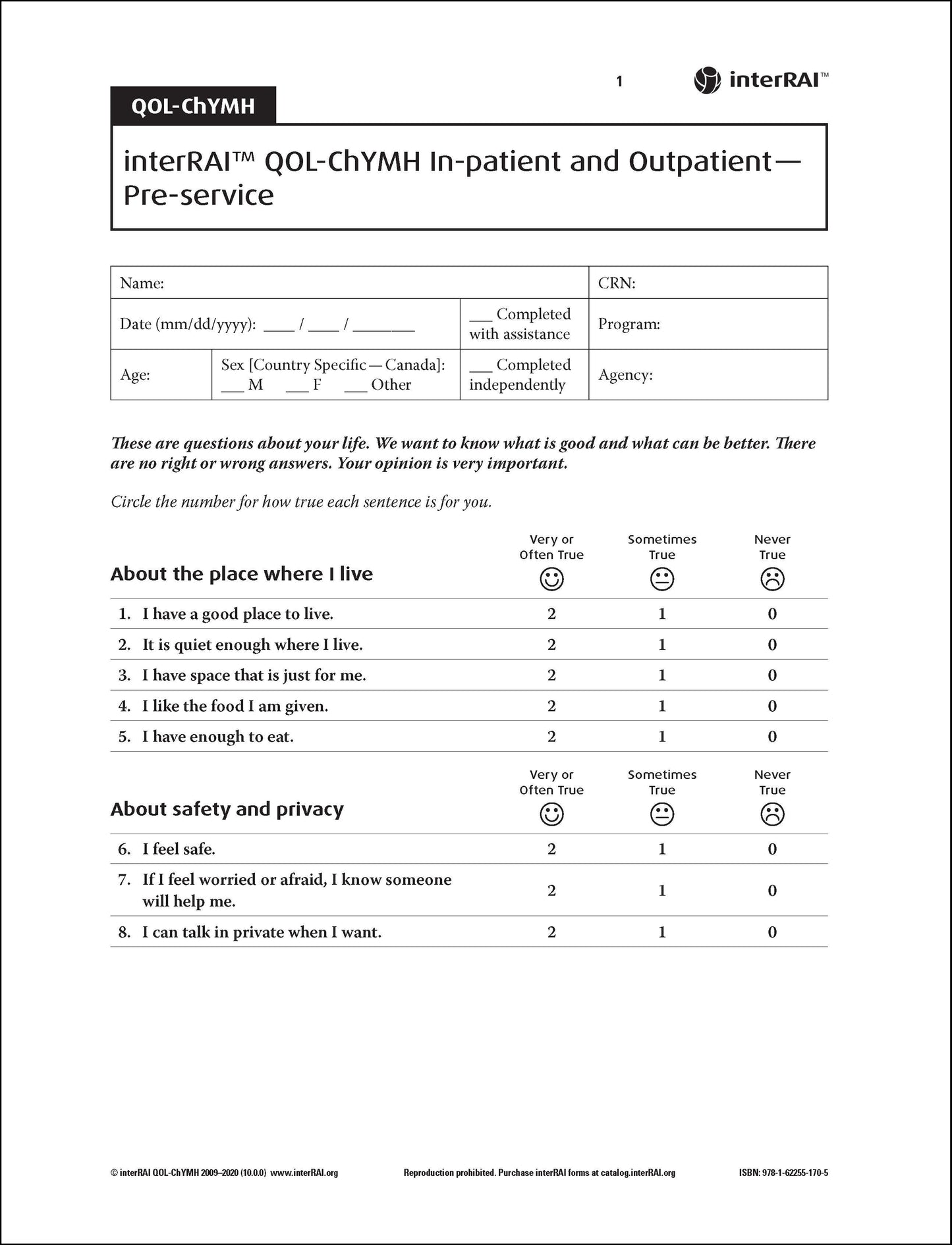 interRAI QOL-ChYMH Self-Reported Surveys and Scoring Templates, (Standard English Edition), 10.0.0