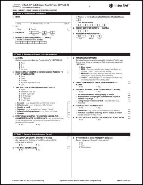 interRAI Adolescent Supplement (ChYMH-A) Assessment Form, (Standard English Edition), 9.3.0 - License to Print