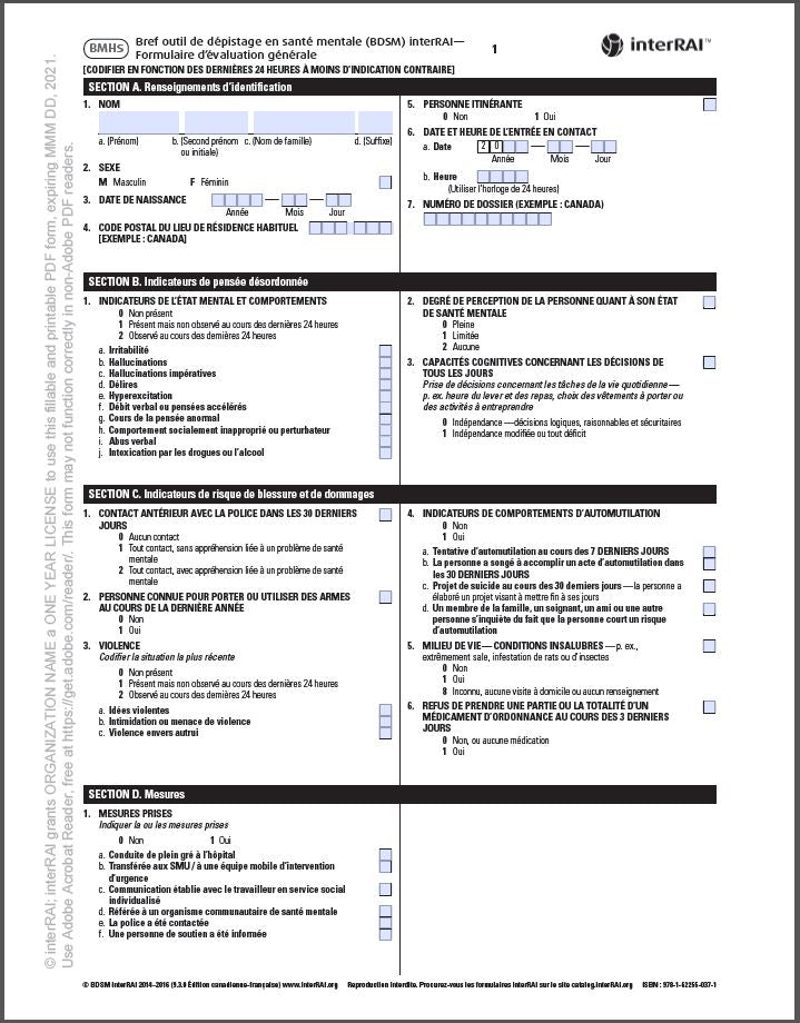 Bref outil de dépistage en santé mentale (BDSM) interRAI — Formulaire d’évaluation générale, Édition canadienne-française, 9.3.0 - License to Print