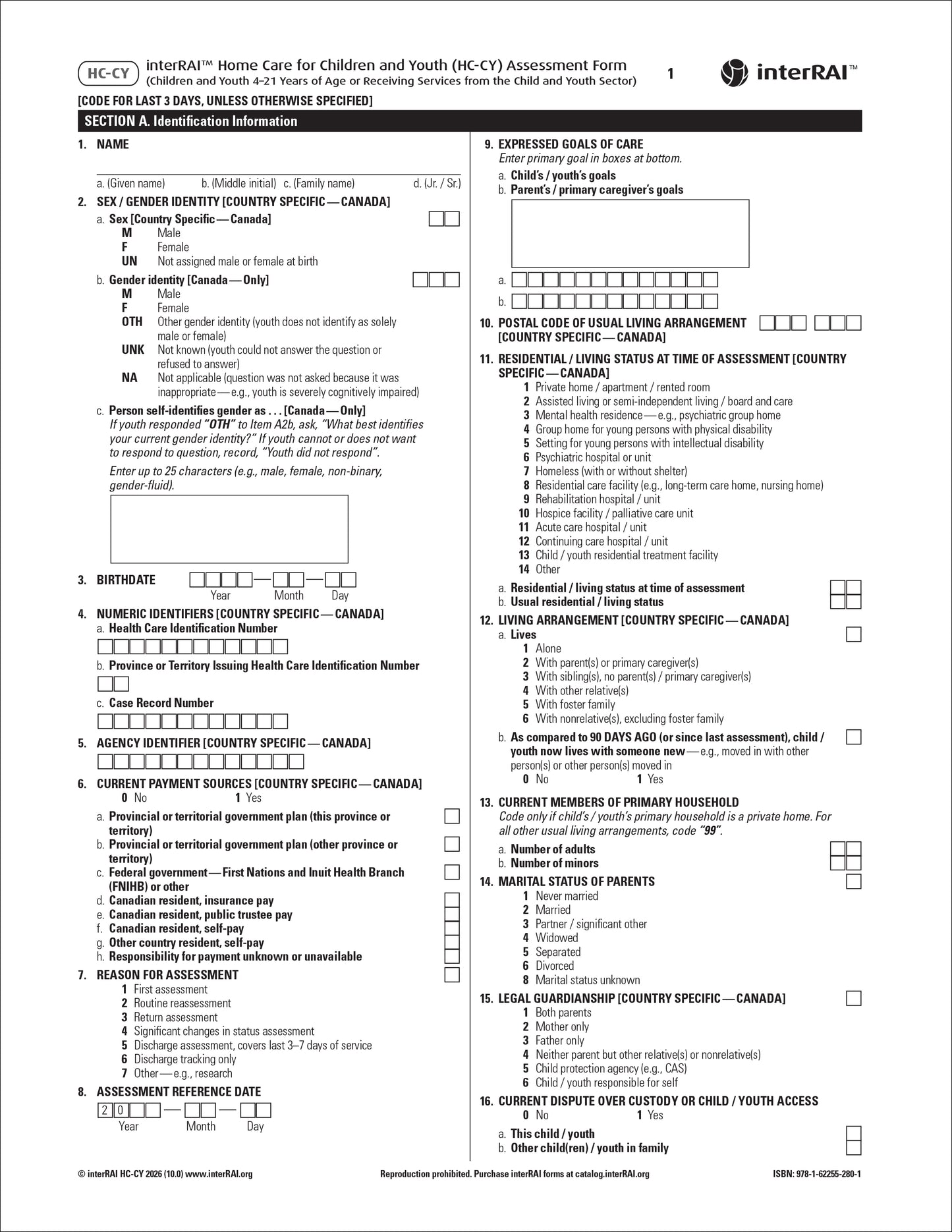 interRAI Home Care for Children and Youth (HC-CY) Assessment Form, 10.0, Standard Edition