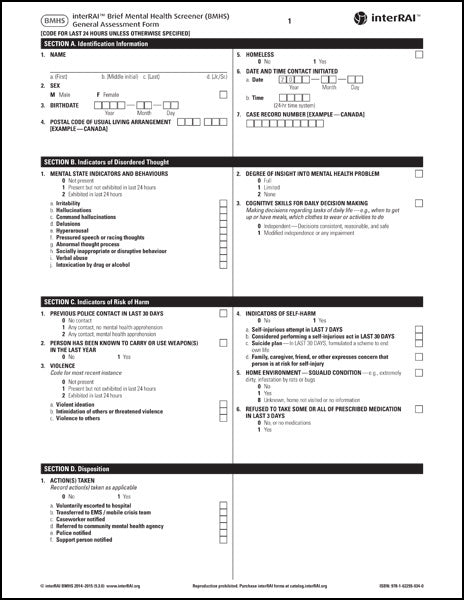 interRAI Brief Mental Health Screener (BMHS) General Assessment Form, (Standard English Edition), 9.3.0 - License to Print