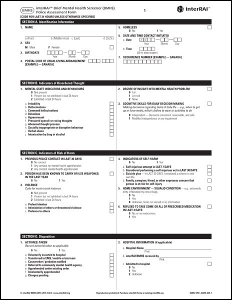 interRAI Brief Mental Health Screener (BMHS) Police Assessment Form, (Standard English Edition), 9.3.0 - License to Print