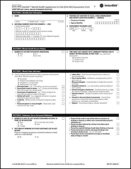 interRAI Mental Health Supplement to CHA (CHA-MH) Assessment Form, (Standard English Edition), 9.1.1 - License to Print