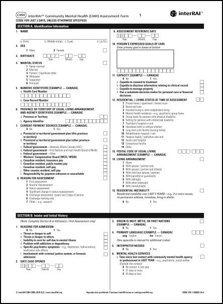 interRAI Community Mental Health (CMH) Assessment Form, (Standard English Edition), 9.2.0 - License to Print