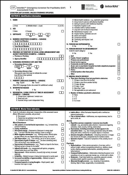 interRAI Emergency Screener for Psychiatry (ESP) Assessment Form, (Standard English Edition), 9.1.1 - License to Print