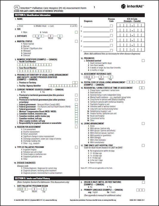 interRAI Palliative Care Hospice (PC-H) Assessment Form, (Standard English Edition), 9.1.0 - License to Print