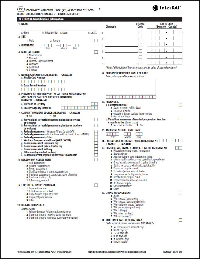 Interai Questions interRAI Palliative Care (PC) Assessment Form, (Standard English Editi ...