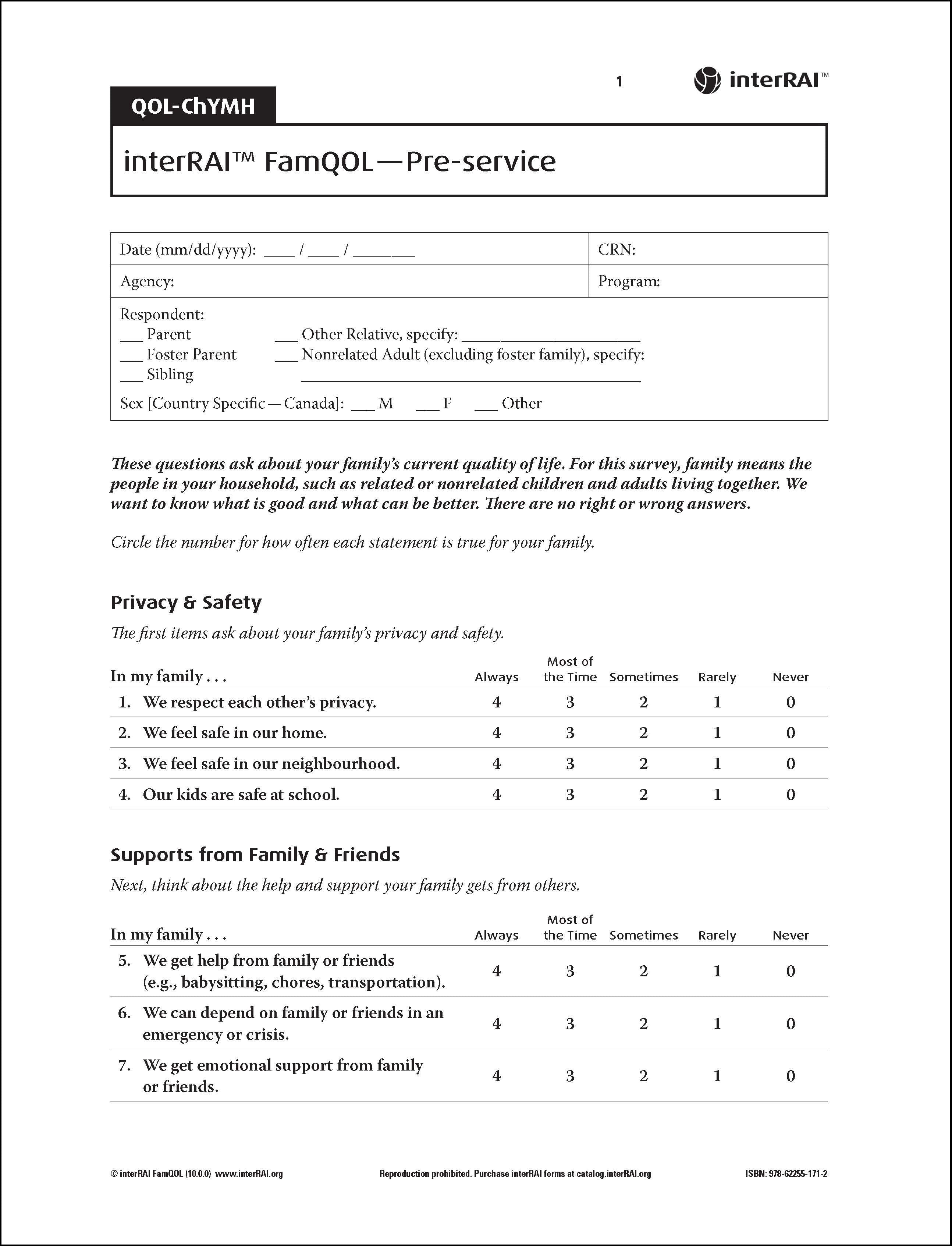 Interai Questions interRAI FamQOL Self-Reported Surveys and Scoring Templates, (Standard ...