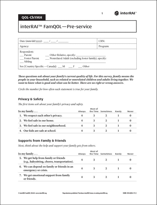 interRAI FamQOL Self-Reported Surveys and Scoring Templates, (Standard English Edition), 10.0.0