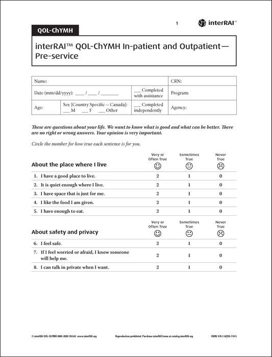 interRAI QOL-ChYMH Self-Reported Surveys and Scoring Templates, (Standard English Edition), 10.0.0