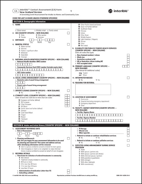 interRAI Contact Assessment (CA) New Zealand Form, 10.0 - License to Print
