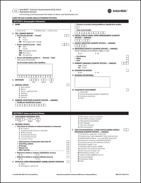 interRAI Contact Assessment (CA) Standard Form, 10.0 - License to Print