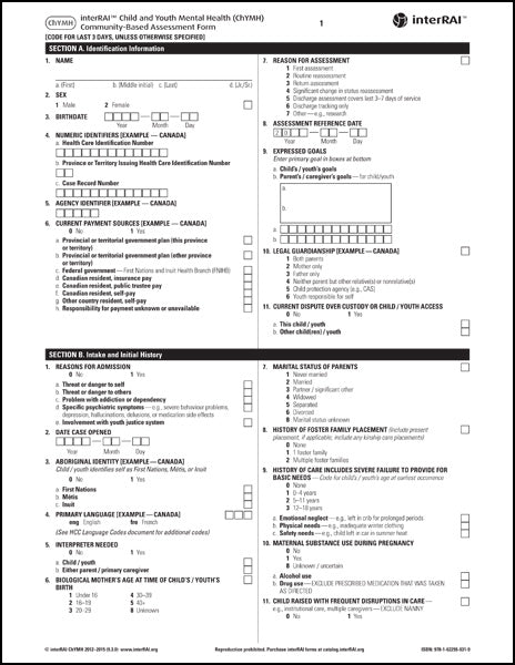 interRAI Child and Youth Mental Health (ChYMH) Community-Based Assessment Form, (Standard English Edition), 9.3.0 - License to Print