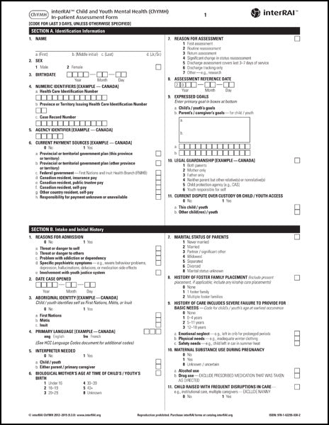 interRAI Child and Youth Mental Health (ChYMH) In-patient Assessment Form, (Standard English Edition), 9.3.0 - License to Print