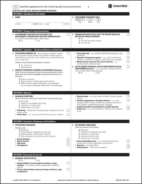 interRAI Supplement to the Check-Up (CU) Assessment Form, (Standard English Edition), 10.1.0 - License to Print