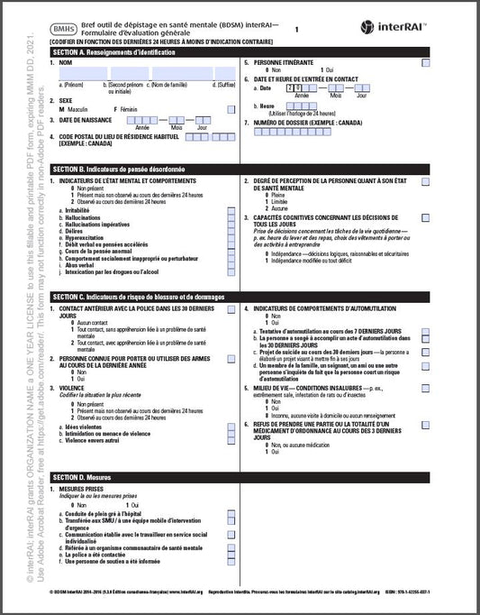 Bref outil de dépistage en santé mentale (BDSM) interRAI — Formulaire d’évaluation générale, Édition canadienne-française, 9.3.0 - License to Print
