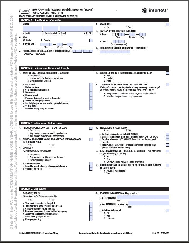 Bref outil de dépistage en santé mentale (BDSM) interRAI — Formulaire d’évaluation du service de police, Édition canadienne-française, 9.3.0 - License to Print