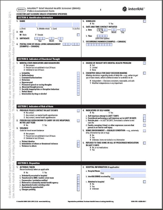 Bref outil de dépistage en santé mentale (BDSM) interRAI — Formulaire d’évaluation du service de police, Édition canadienne-française, 9.3.0 - License to Print